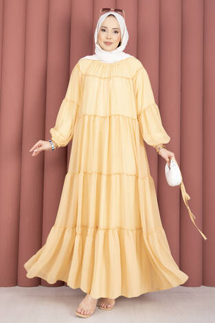 Büzgü Detaylı Kat Kat Elbise Sarı - Thumbnail