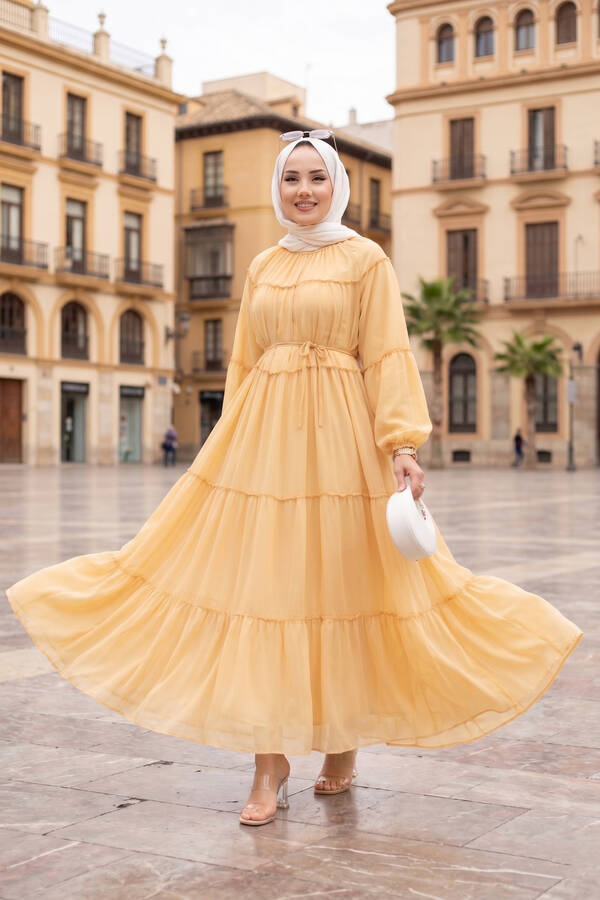 Efl - Büzgü Detaylı Kat Kat Elbise Sarı