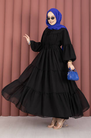 Büzgü Detaylı Kat Kat Elbise Siyah - Thumbnail