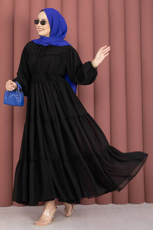 Büzgü Detaylı Kat Kat Elbise Siyah - Thumbnail