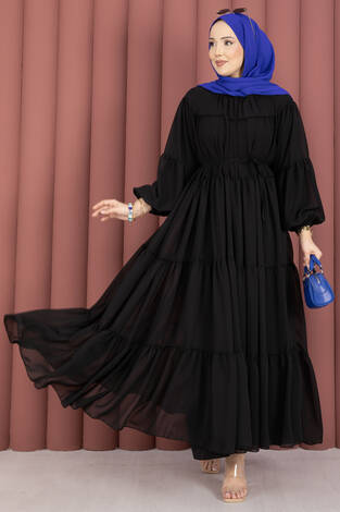Büzgü Detaylı Kat Kat Elbise Siyah - Thumbnail