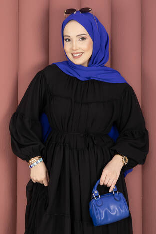 Büzgü Detaylı Kat Kat Elbise Siyah - Thumbnail