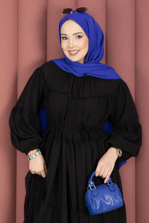 Efl - Büzgü Detaylı Kat Kat Elbise Siyah (1)