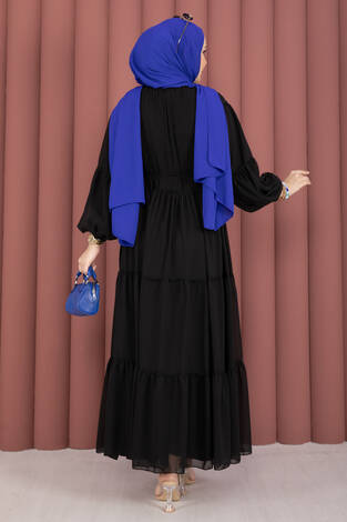 Büzgü Detaylı Kat Kat Elbise Siyah - Thumbnail