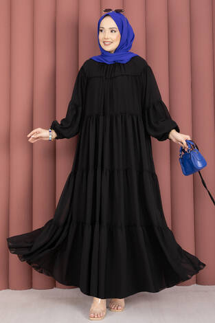 Büzgü Detaylı Kat Kat Elbise Siyah - Thumbnail