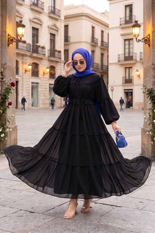 Efl - Büzgü Detaylı Kat Kat Elbise Siyah