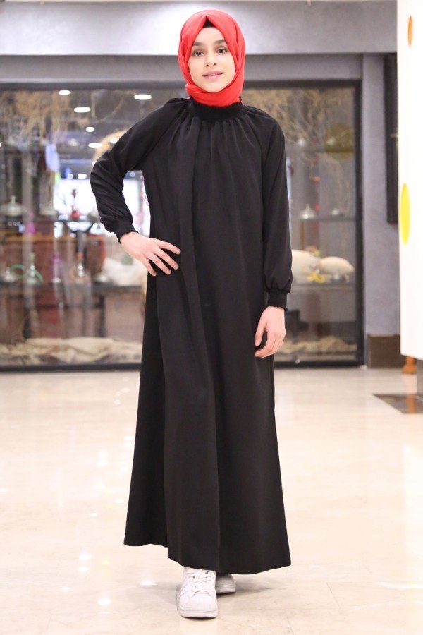 Büzgülü Genç Ferace Elbise 2528-2 Siyah