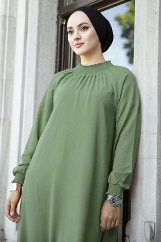 Büzgülü Ferace Tesettür Elbise 100MD-1004 Yeşil - Thumbnail