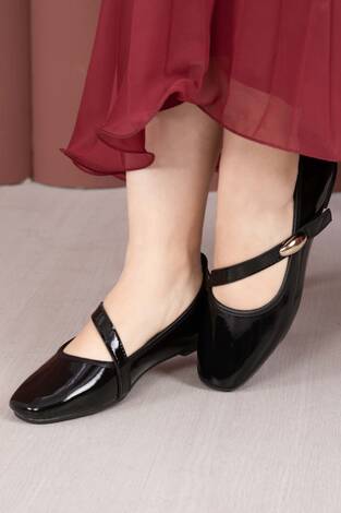 Çapraz Bantlı Mary Jane Babet Ayakkabı Siyah - Thumbnail