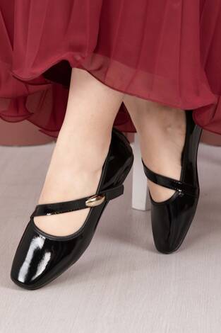 Çapraz Bantlı Mary Jane Babet Ayakkabı Siyah - Thumbnail