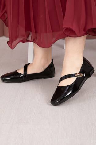 Çapraz Bantlı Mary Jane Babet Ayakkabı Siyah - Thumbnail