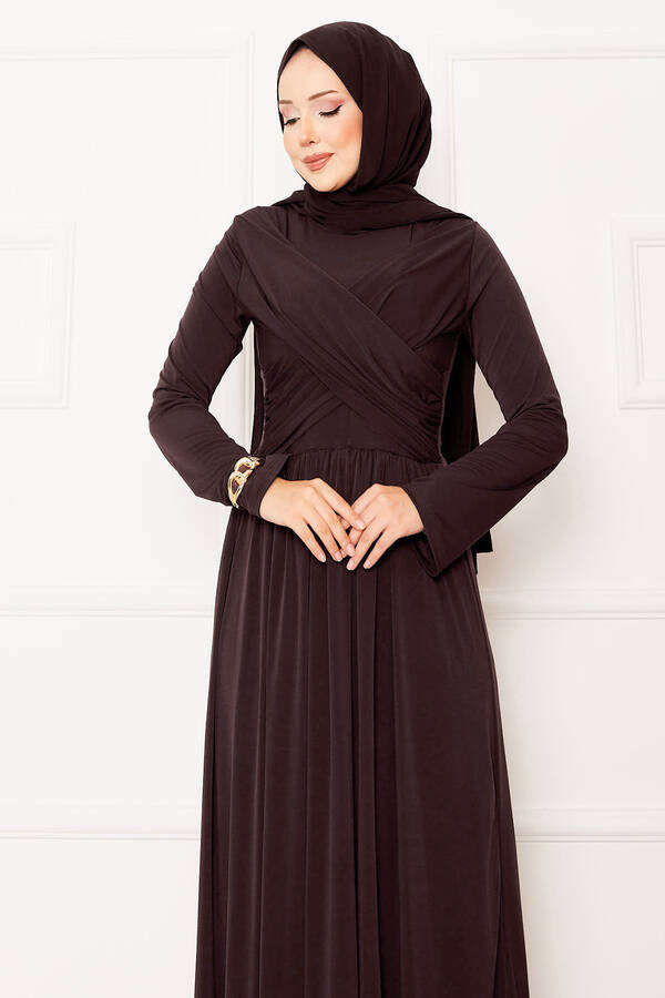 Efl - Çapraz Drape Detay Sandy Elbise Kahve (1)