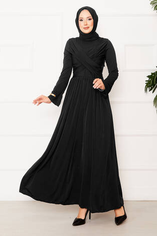 Çapraz Drape Detay Sandy Elbise Siyah - Thumbnail