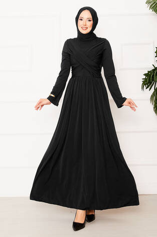 Çapraz Drape Detay Sandy Elbise Siyah - Thumbnail
