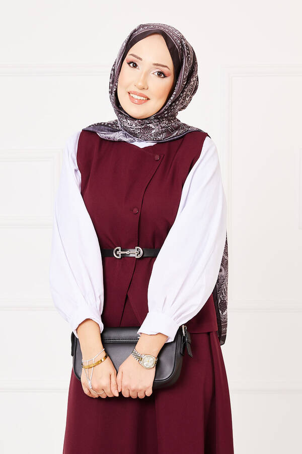 MD - Çapraz Düğmeli Etekli İkili Tesettür Takım Bordo (1)