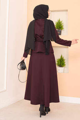 Çapraz Kuşaklı Şık Tesettür Etekli Takım Bordo - Thumbnail