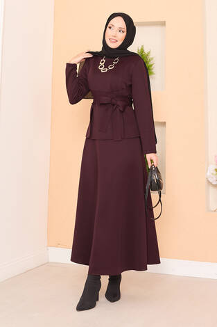 Çapraz Kuşaklı Şık Tesettür Etekli Takım Bordo - Thumbnail