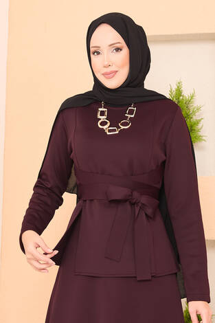 Çapraz Kuşaklı Şık Tesettür Etekli Takım Bordo - Thumbnail