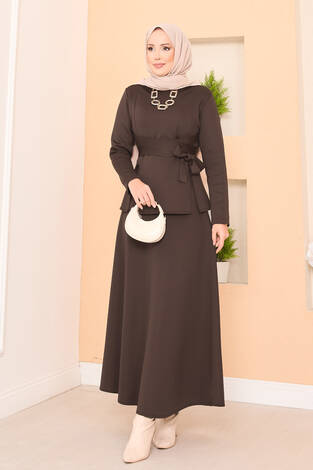 Çapraz Kuşaklı Şık Tesettür Etekli Takım Kahve - Thumbnail