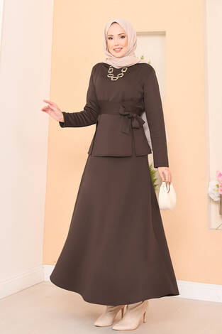 Çapraz Kuşaklı Şık Tesettür Etekli Takım Kahve - Thumbnail