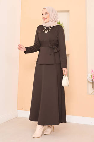 Çapraz Kuşaklı Şık Tesettür Etekli Takım Kahve - Thumbnail