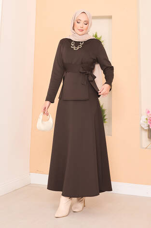 Çapraz Kuşaklı Şık Tesettür Etekli Takım Kahve