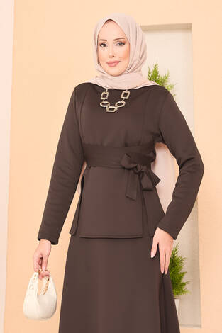 Çapraz Kuşaklı Şık Tesettür Etekli Takım Kahve - Thumbnail