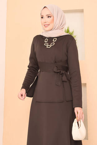 Çapraz Kuşaklı Şık Tesettür Etekli Takım Kahve - Thumbnail