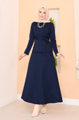Çapraz Kuşaklı Şık Tesettür Etekli Takım Lacivert - Thumbnail