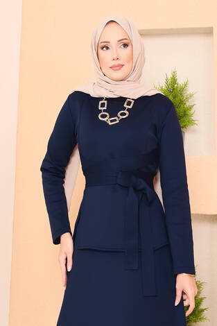 Çapraz Kuşaklı Şık Tesettür Etekli Takım Lacivert - Thumbnail