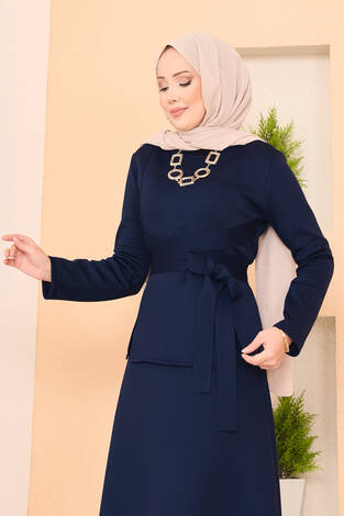 Çapraz Kuşaklı Şık Tesettür Etekli Takım Lacivert - Thumbnail