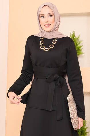 Çapraz Kuşaklı Şık Tesettür Etekli Takım Siyah - Thumbnail