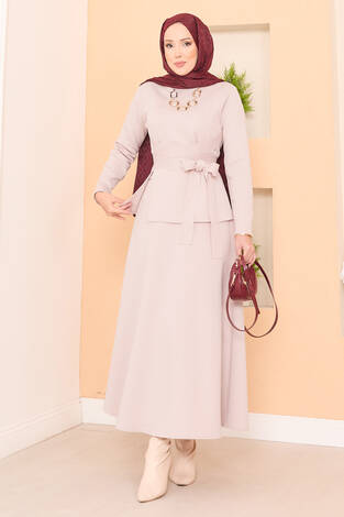 Çapraz Kuşaklı Şık Tesettür Etekli Takım Taş - Thumbnail