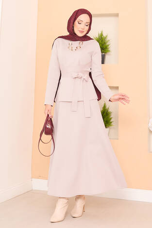 Çapraz Kuşaklı Şık Tesettür Etekli Takım Taş - Thumbnail
