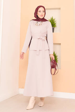 Çapraz Kuşaklı Şık Tesettür Etekli Takım Taş - Thumbnail