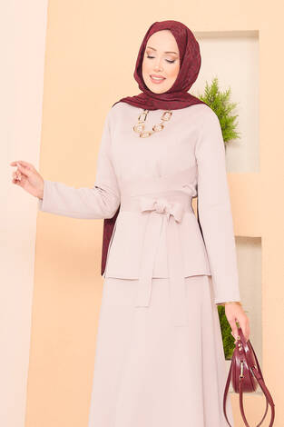Çapraz Kuşaklı Şık Tesettür Etekli Takım Taş - Thumbnail
