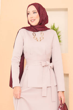 Çapraz Kuşaklı Şık Tesettür Etekli Takım Taş - Thumbnail