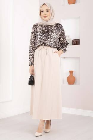 Cep Detaylı Beli Lastikli Etek Bej - Thumbnail