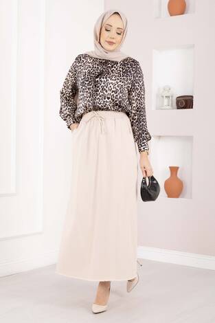 Cep Detaylı Beli Lastikli Etek Bej