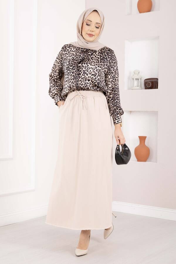 Kç - Cep Detaylı Beli Lastikli Etek Bej