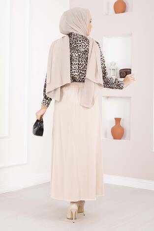 Cep Detaylı Beli Lastikli Etek Bej - Thumbnail