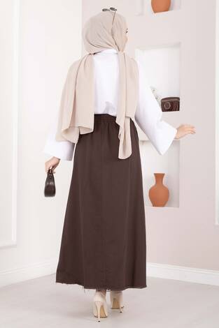 Cep Detaylı Beli Lastikli Etek Kahve - Thumbnail