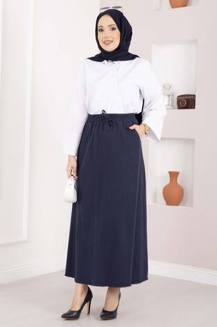Cep Detaylı Beli Lastikli Etek Lacivert - Thumbnail