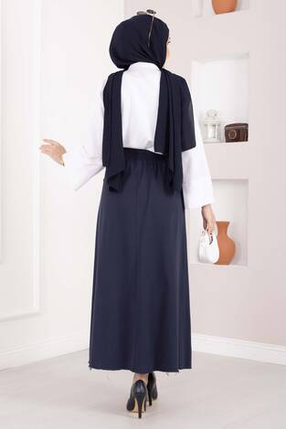 Cep Detaylı Beli Lastikli Etek Lacivert - Thumbnail
