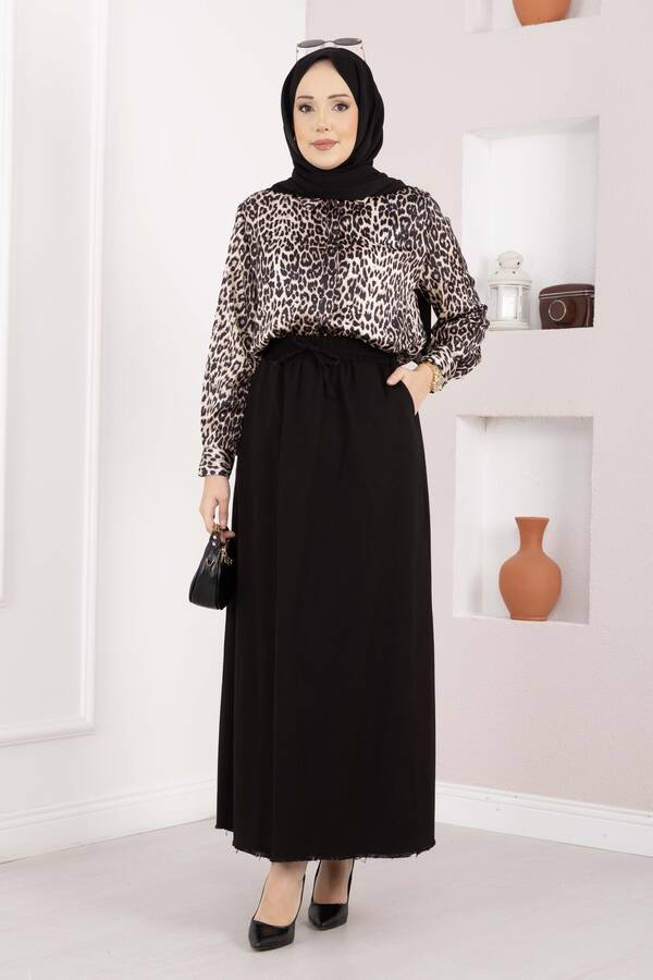 Kç - Cep Detaylı Beli Lastikli Etek Siyah