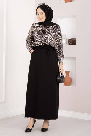Cep Detaylı Beli Lastikli Etek Siyah - Thumbnail