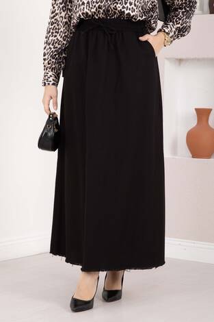 Cep Detaylı Beli Lastikli Etek Siyah - Thumbnail