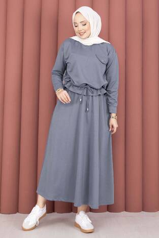 Cep Detaylı Crop & Etek İkili Takım Açık Gri - Thumbnail