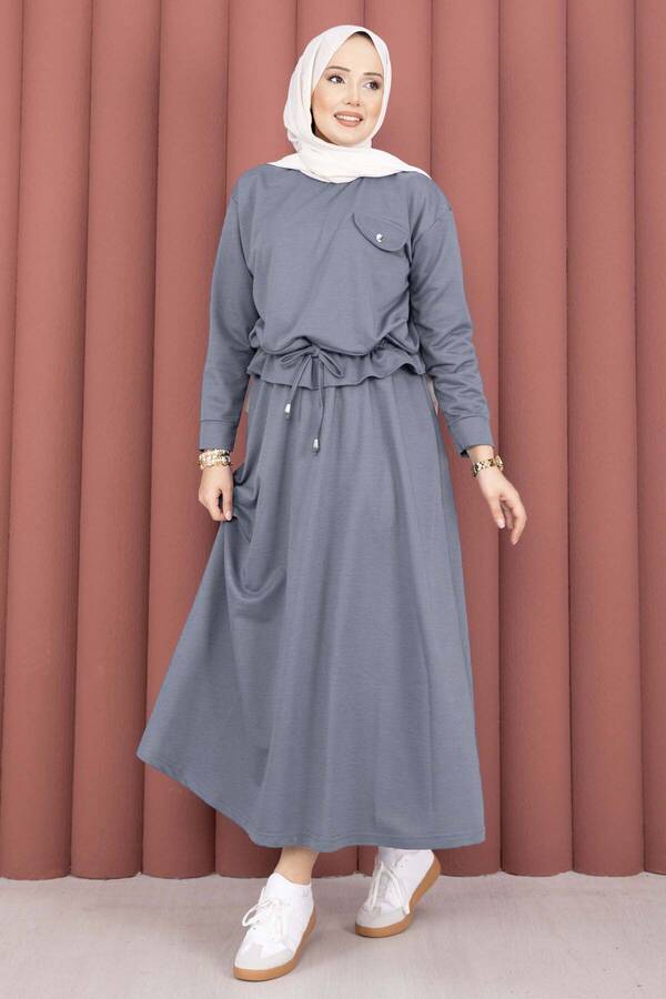 TK - Cep Detaylı Crop & Etek İkili Takım Açık Gri