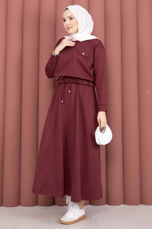Cep Detaylı Crop & Etek İkili Takım Bordo